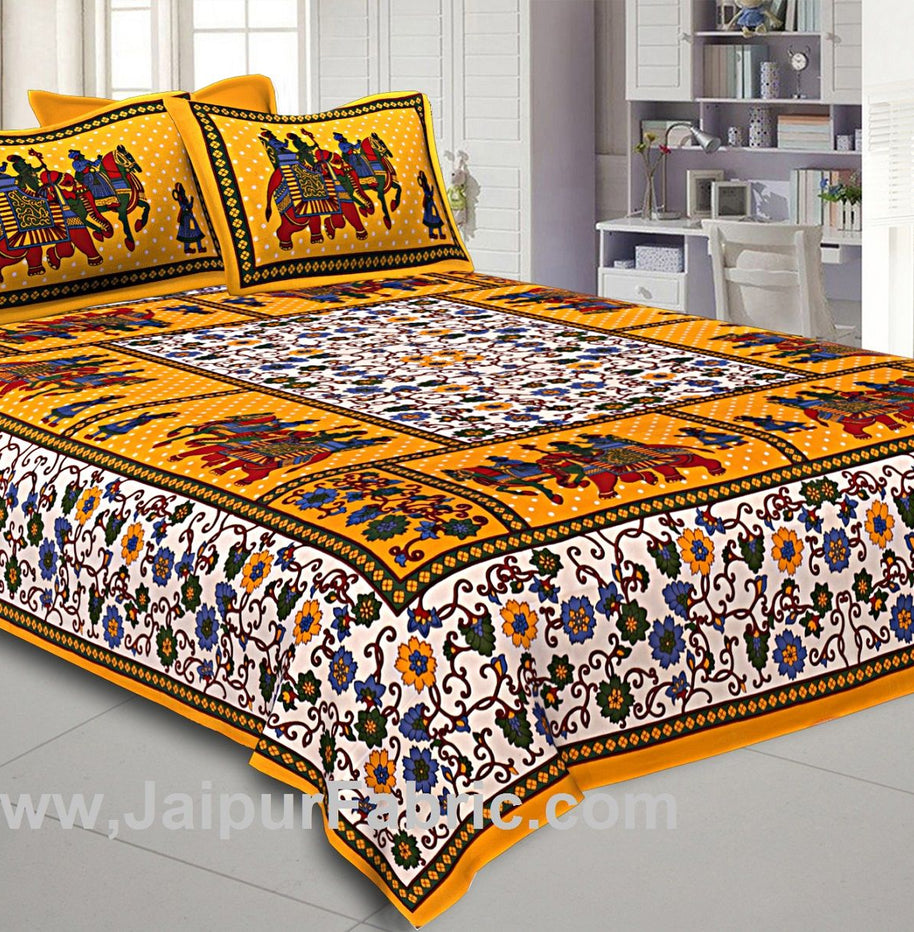 Double Bedsheet Yellow Border Gangaur Print Fine Cotton With Two Pillow Cover