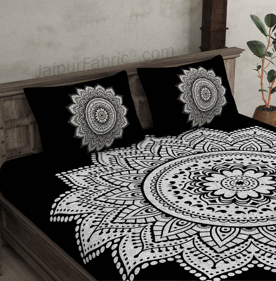 Big Rangoli Print Black & White Bedsheet