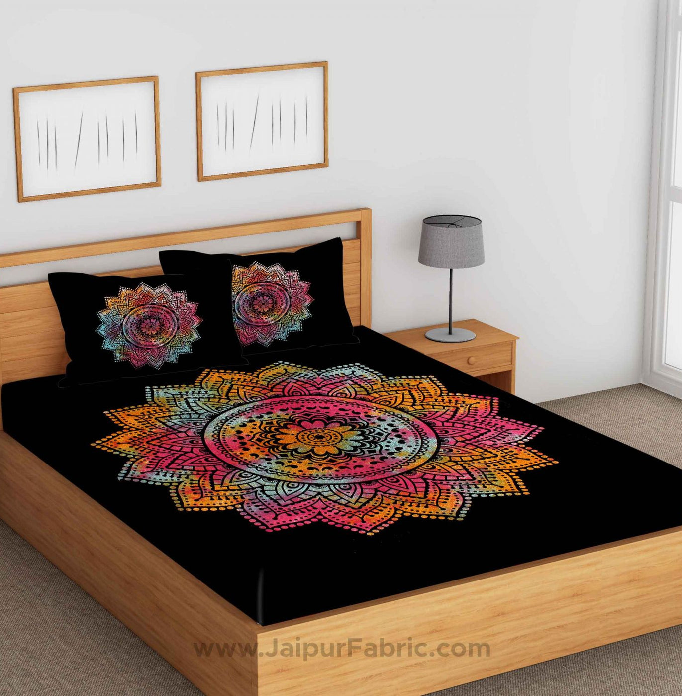 Tie And Dye Big Rangoli Print Black & White Bedsheet