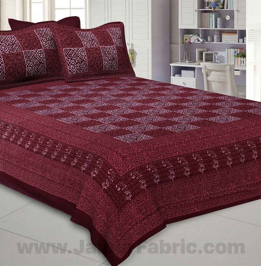 Maroon Check Pure Cotton Jaipuri Dabu Print Bedsheet