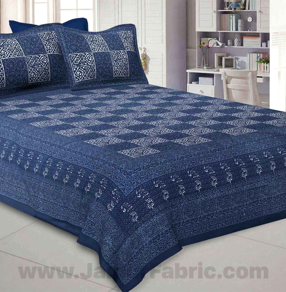 Dark Grey Check Pure Cotton Jaipuri Dabu Print Bedsheet