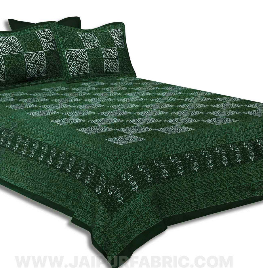 Green Check Pure Cotton Jaipuri Dabu Print Bedsheet