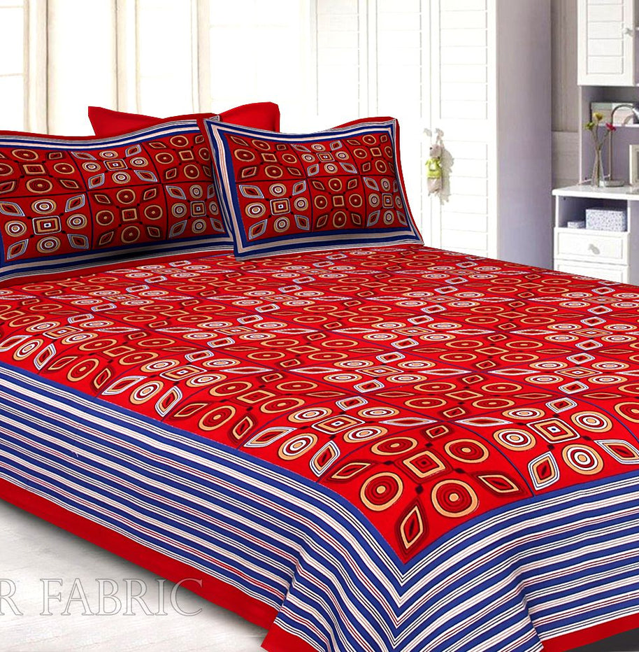 Red Geometric Printed Cotton Double Bed Sheet