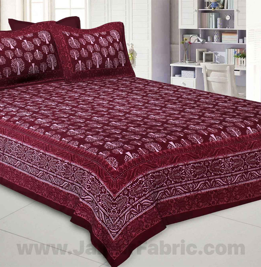 Maroon Palm Tree Pure Cotton Jaipuri Dabu Print Bedsheet