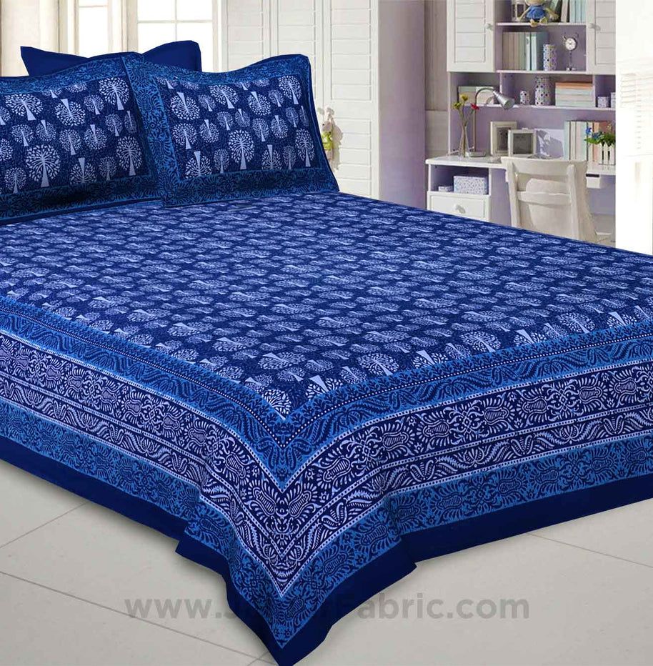 Royal Blue Palm Tree Pure Cotton Jaipuri Dabu Print Bedsheet