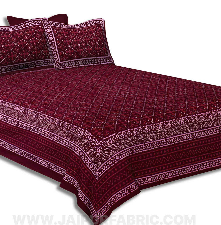 Maroon Retro Print Pure Cotton Jaipuri Dabu  Bedsheet