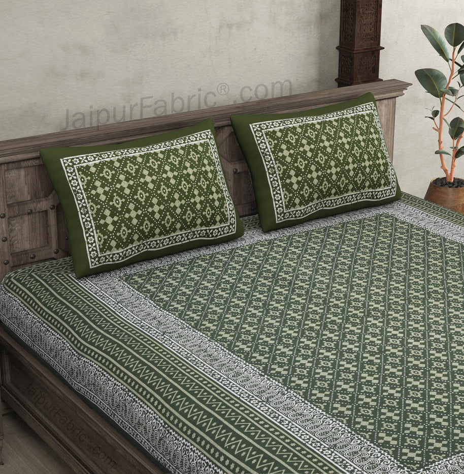 Green Retro Print Pure Cotton Jaipuri Dabu Print Bedsheet