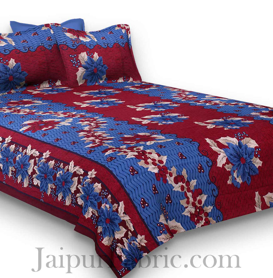 Pure Cotton Maroon and Blue Floral Jaipuri Procian Bedsheet