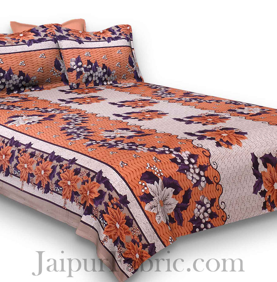 Pure Cotton Mistyrose and Brown Color Floral Jaipuri Procian Bedsheet