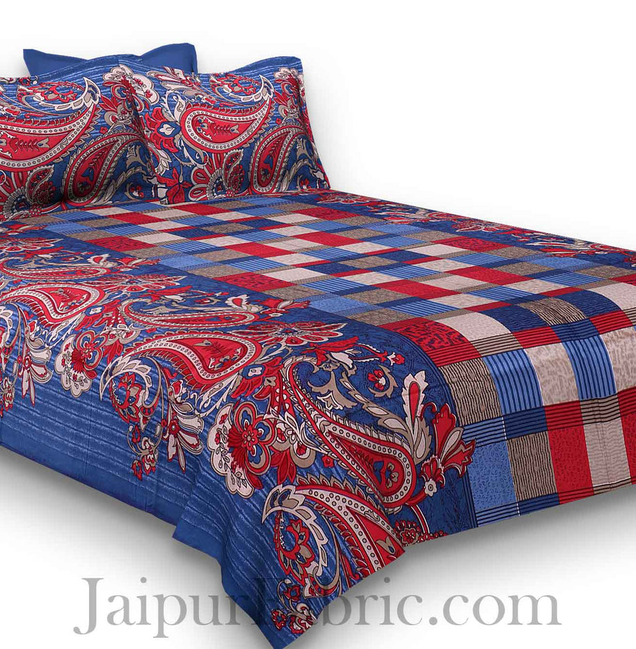 Pure Cotton Blue Checks and Paisley Floral Jaipuri Procian Bedsheet