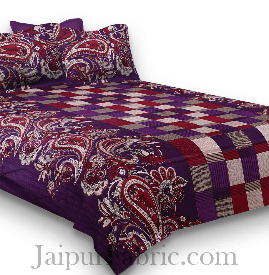 Pure Cotton Purple Checks and Paisley Floral Jaipuri Procian Bedsheet