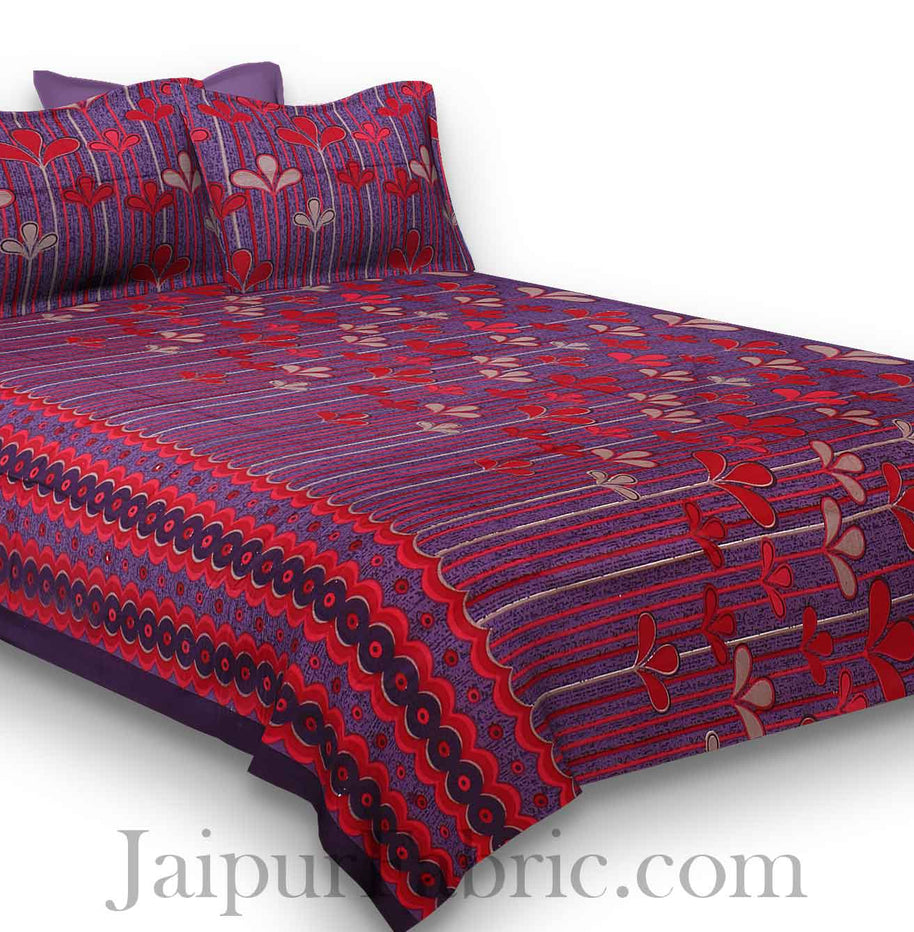 Pure Cotton Purple Base Red Leaves Print Jaipuri Procian Bedsheet