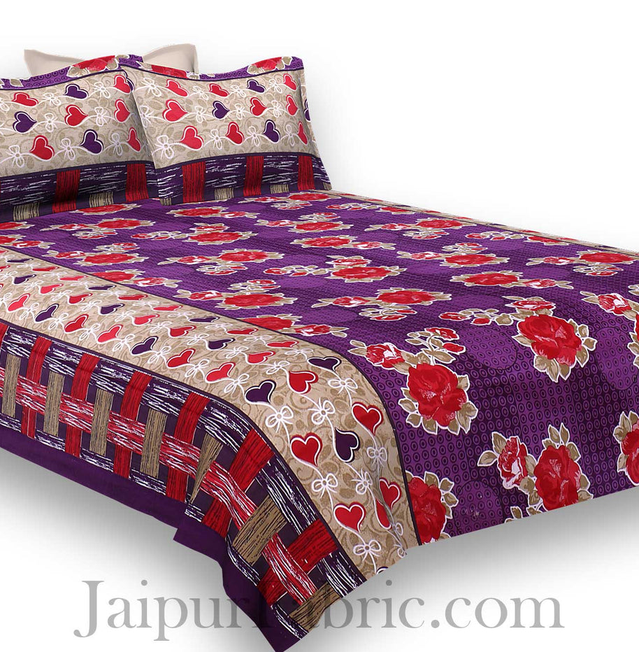 Pure Cotton Purple Base Red Floral Jaipuri Procian Bedsheet