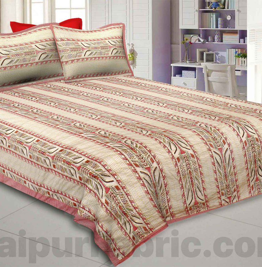 Creamish Red Lineal Style Kantha Thread Work Embroidery Double Bedsheet / Dohar / Light Blanket / Thin Comforter