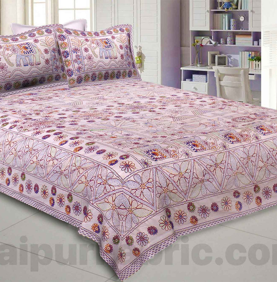 Beautiful Scenery Kantha Thread Work Embroidery Double Bedsheet / Dohar / Light Blanket / Thin Comforter