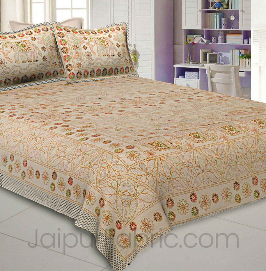 Beautiful Cream Kantha Thread Work Embroidery Double Bedsheet / Dohar / Light Blanket / Thin Comforter