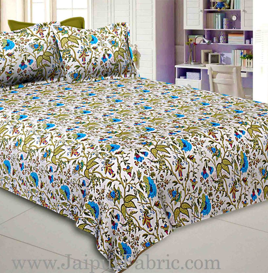 green blue floral hand block print off white base pure cotton bedsheet with 2 pillow covers