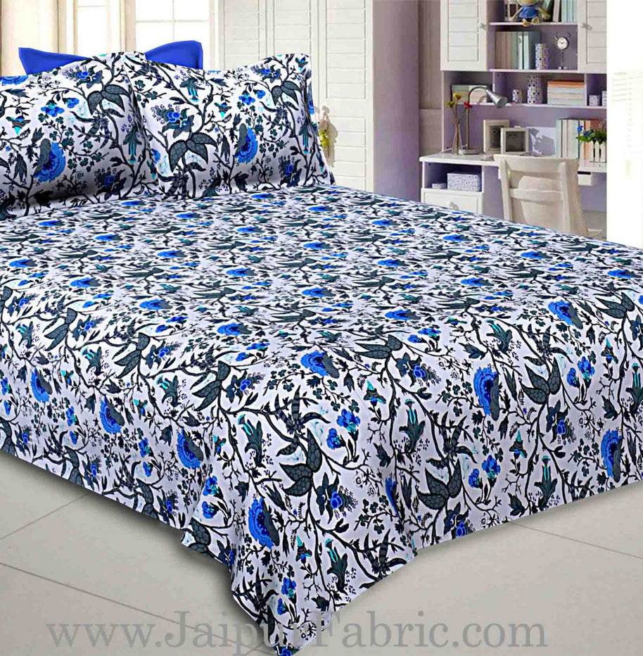 blue grey floral hand block print off white base pure cotton bedsheet with 2 pillow covers