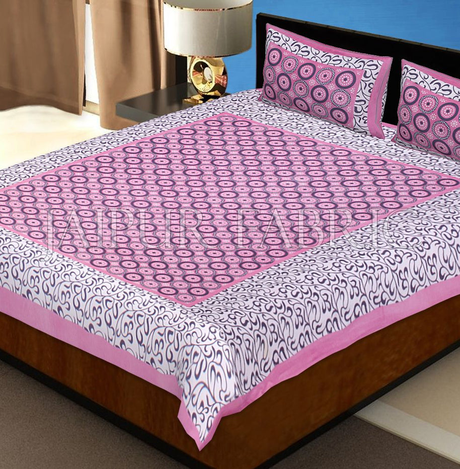 Pink Border Dotted Circle and Tropical Printed Cotton Double Bed Sheet