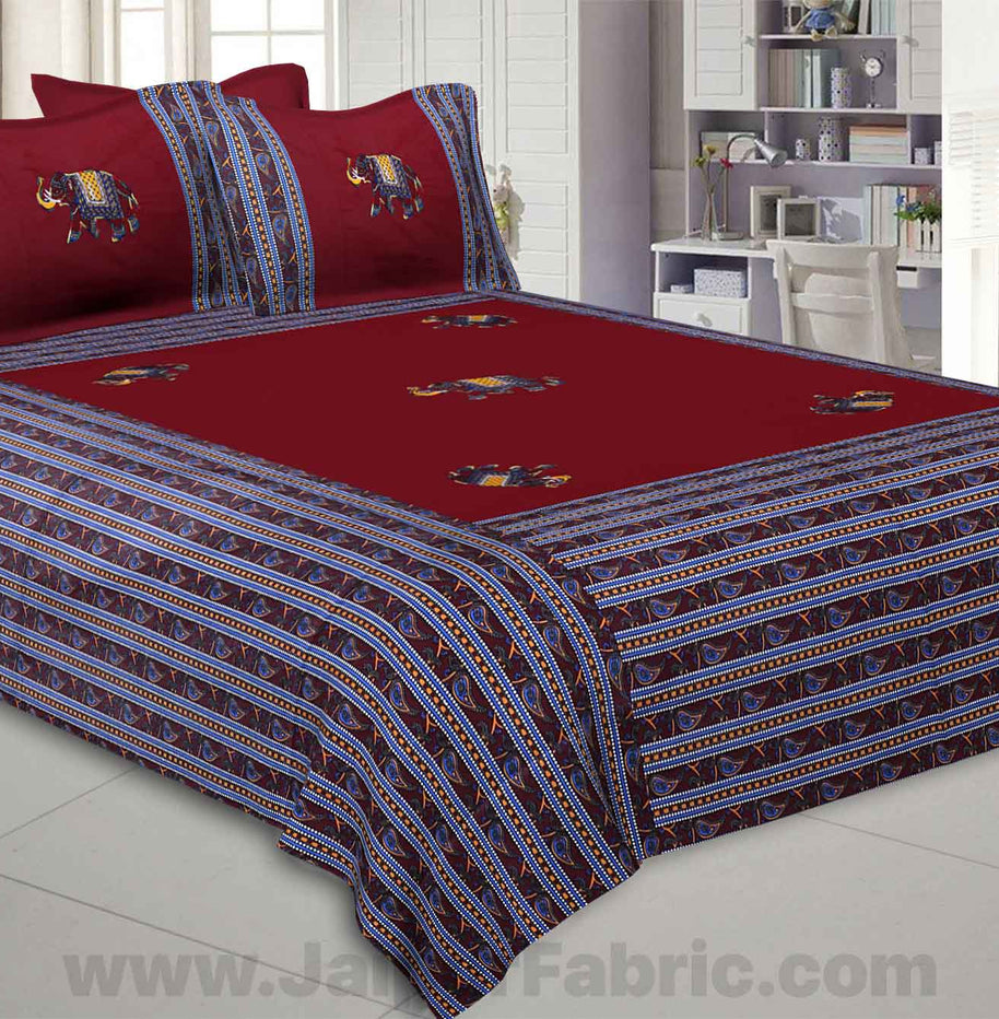 Applique Maroon Elephant Jaipuri  Hand Made Embroidery Patch Work Double Bedsheet