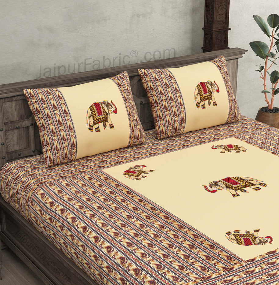 Applique Cream Elephant Jaipuri  Hand Made Embroidery Patch Work Double Bedsheet