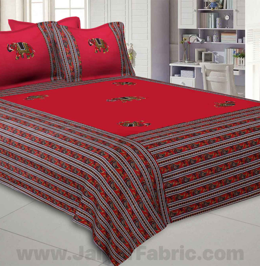 Applique Red Elephant Jaipuri  Hand Made Embroidery Patch Work Double Bedsheet