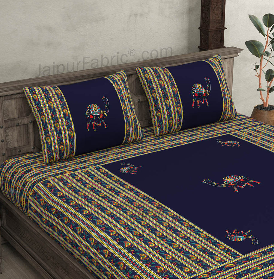 Applique Blue Camel Jaipuri  Hand Made Embroidery Patch Work Double Bedsheet