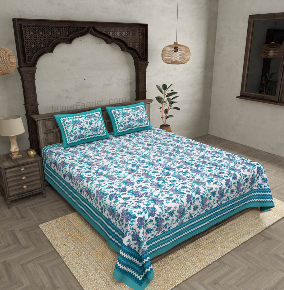 Turquoise Wavy Border and Floral Print Cotton Double Bed Sheet