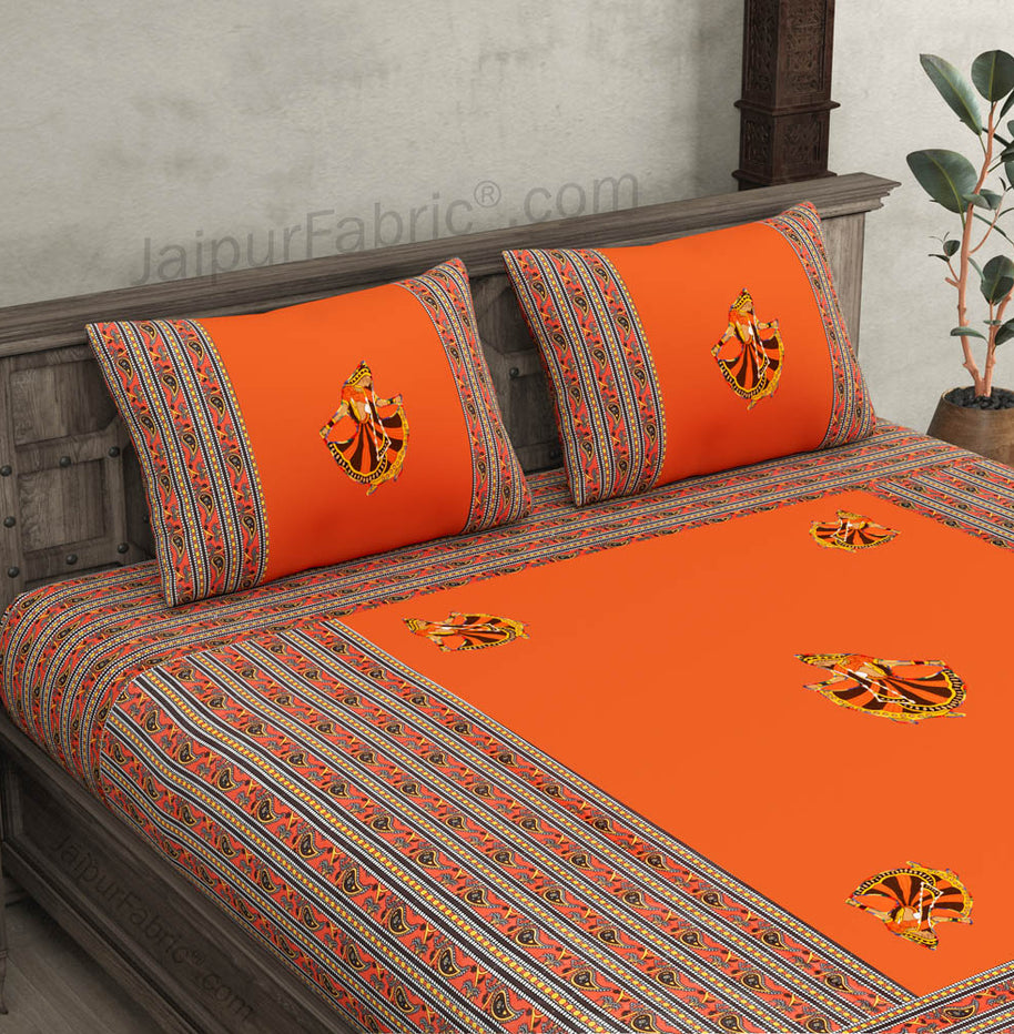 Applique Orange Gujri Jaipuri  Hand Made Embroidery Patch Work Double Bedsheet