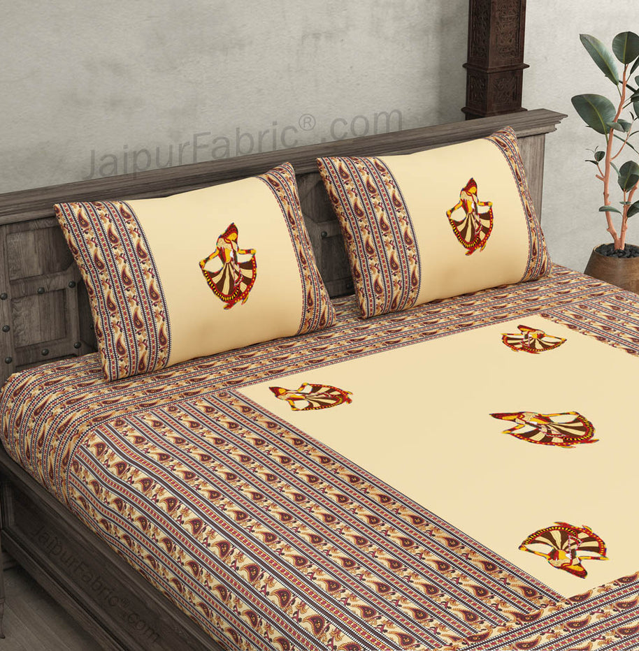 Applique Cream Gujri Jaipuri  Hand Made Embroidery Patch Work Double Bedsheet