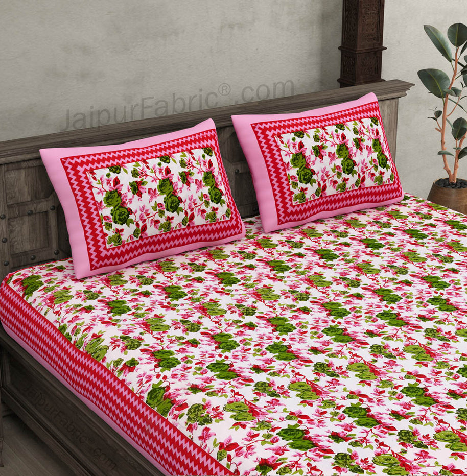 Pink Wavy Border and Floral Print Cotton Double Bed Sheet