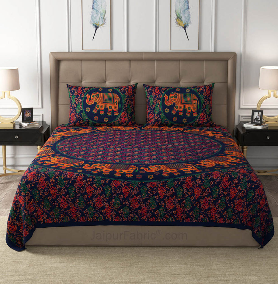 Blue Elephant Mandala Cotton Double Bedsheet