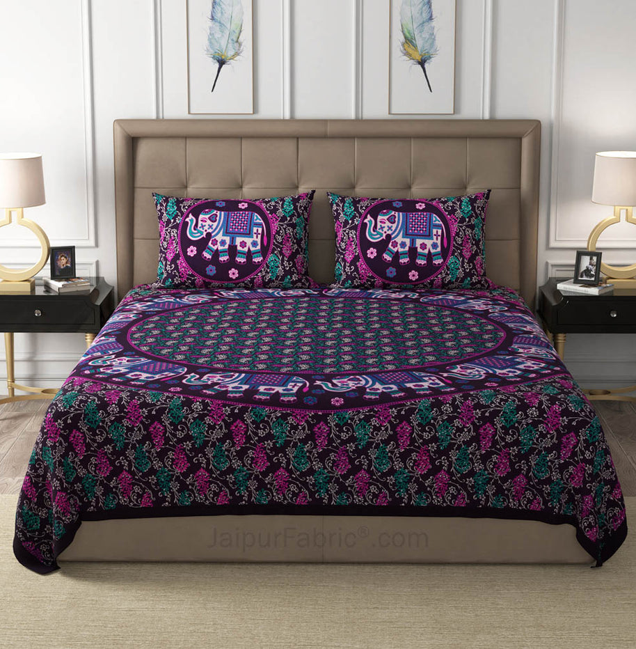 Violet Elephant Mandala Cotton Double Bedsheet