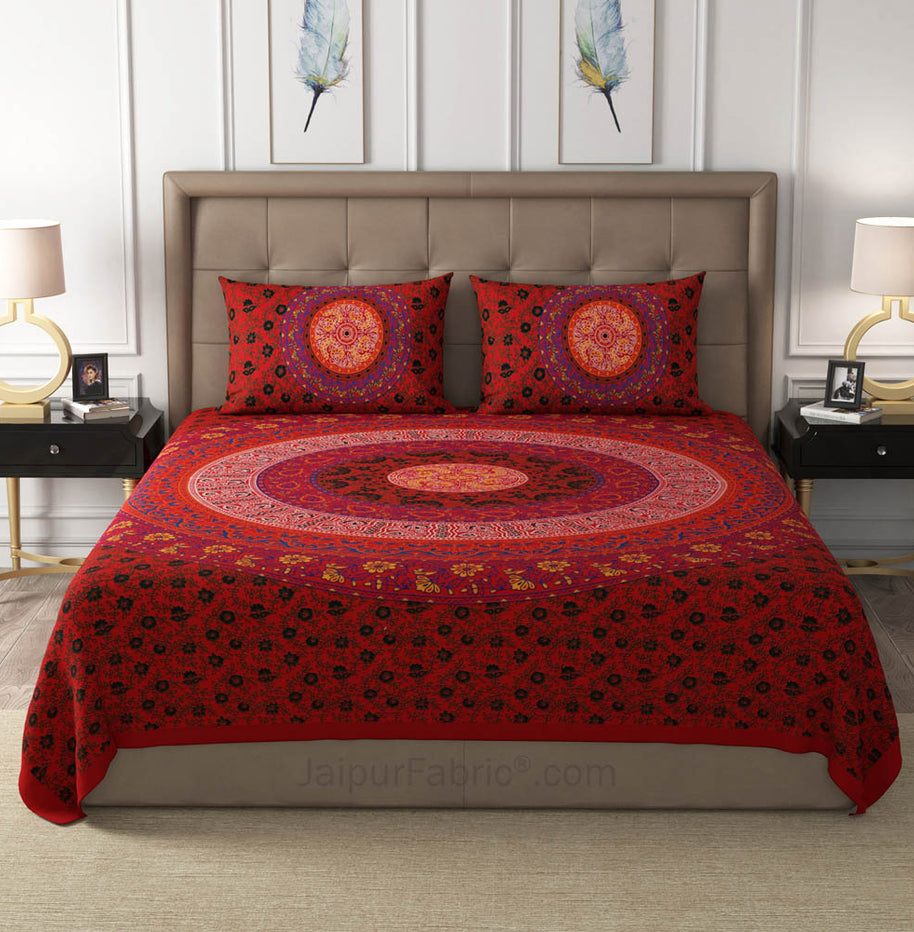 Red Rangoli Mandala Cotton Double Bedsheet