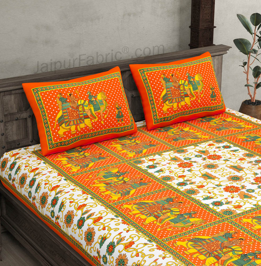 Orange Big Elephant Printed Cotton Double Bed Sheet