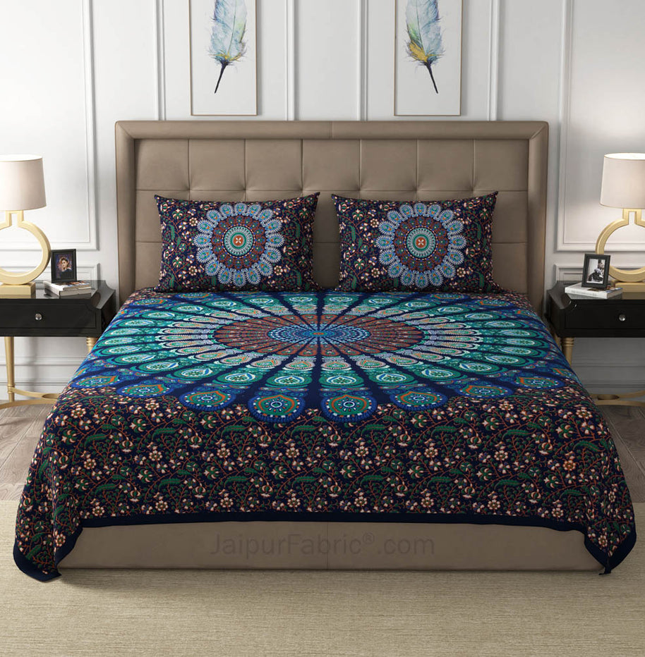 Blue Peacock Feather Mandala Cotton Double Bedsheet