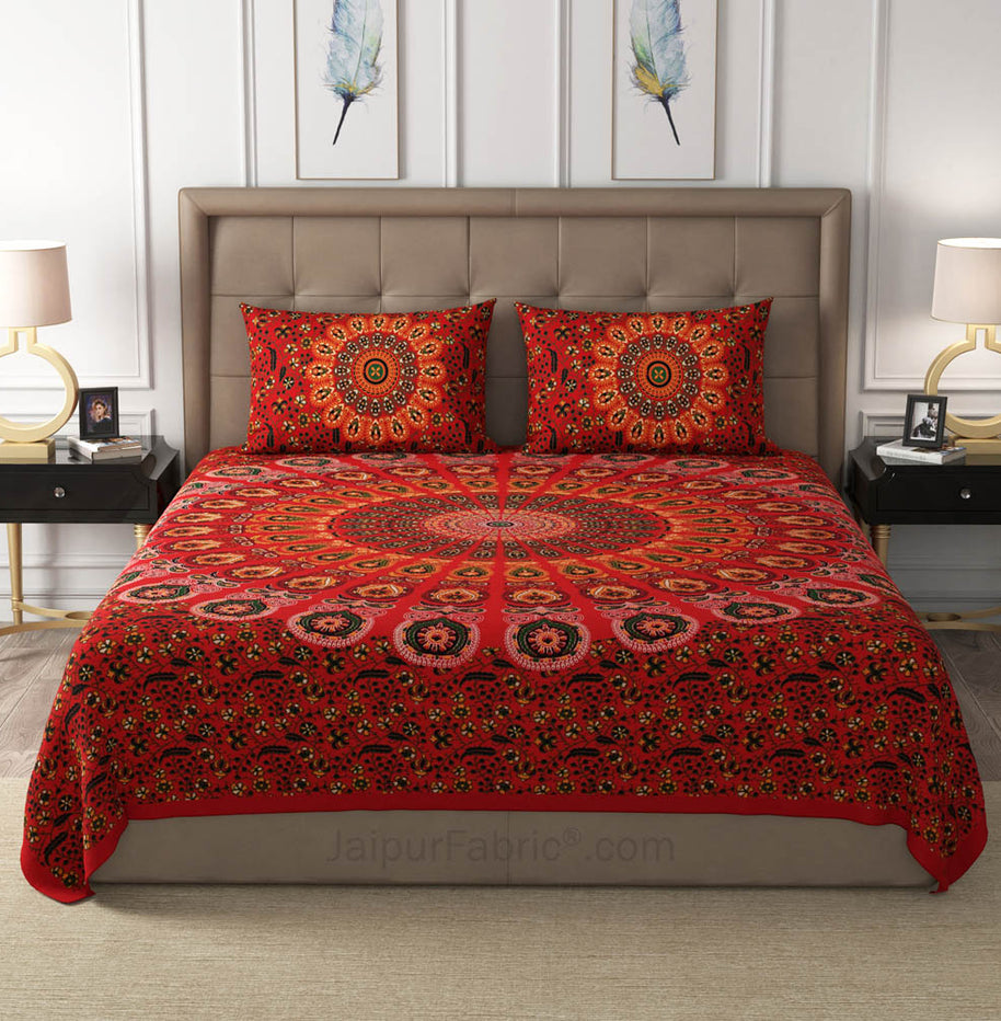 Red Peacock Feather Mandala Cotton Double Bedsheet