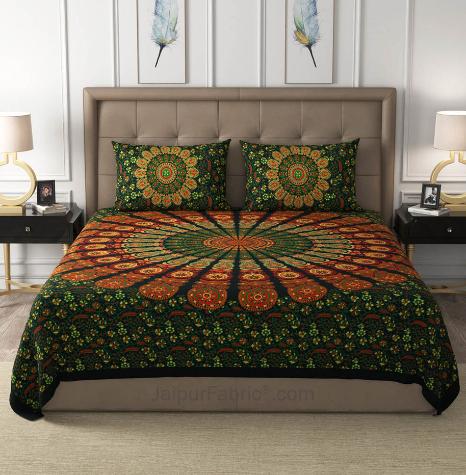 Green Peacock Feather Mandala Cotton Double Bedsheet