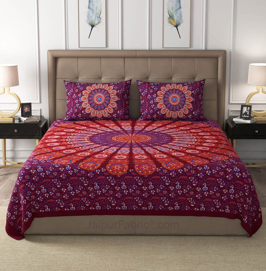 Maroon Peacock Feather Mandala Cotton Double Bedsheet