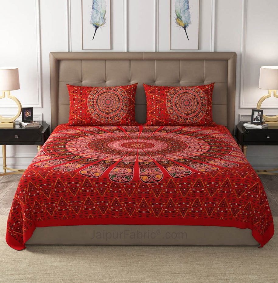 Red Zigzag Mandala Cotton Double Bedsheet