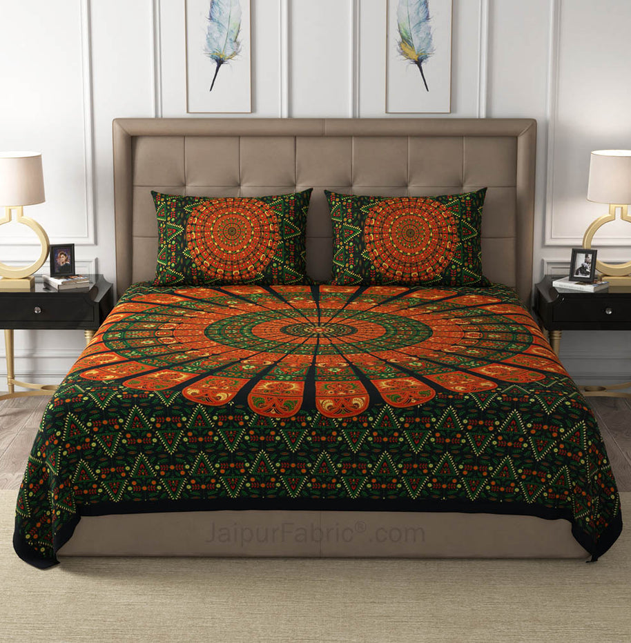 Green Zigzag Mandala Cotton Double Bedsheet