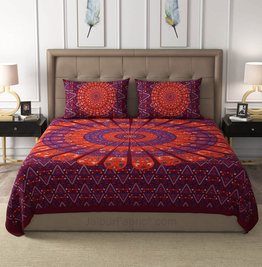 Maroon Zigzag Mandala Cotton Double Bedsheet