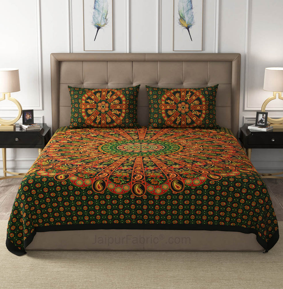 Green Paisley Mandala Cotton Double Bedsheet