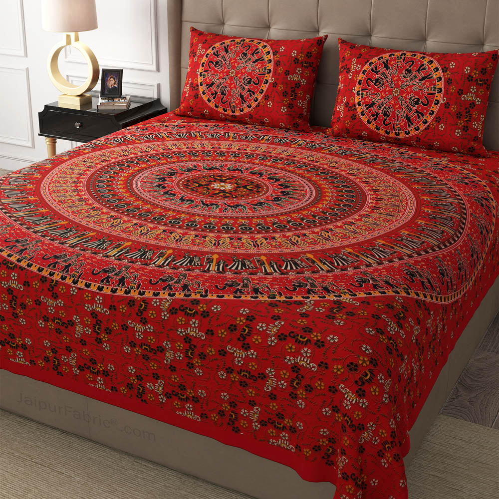 Red Shahi Barat Mandala Cotton Double Bedsheet