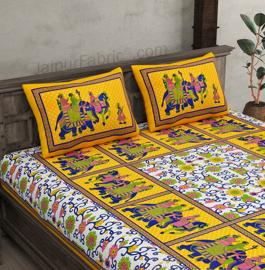 Yellow Border Big Elephant Printed Cotton Double Bed Sheet