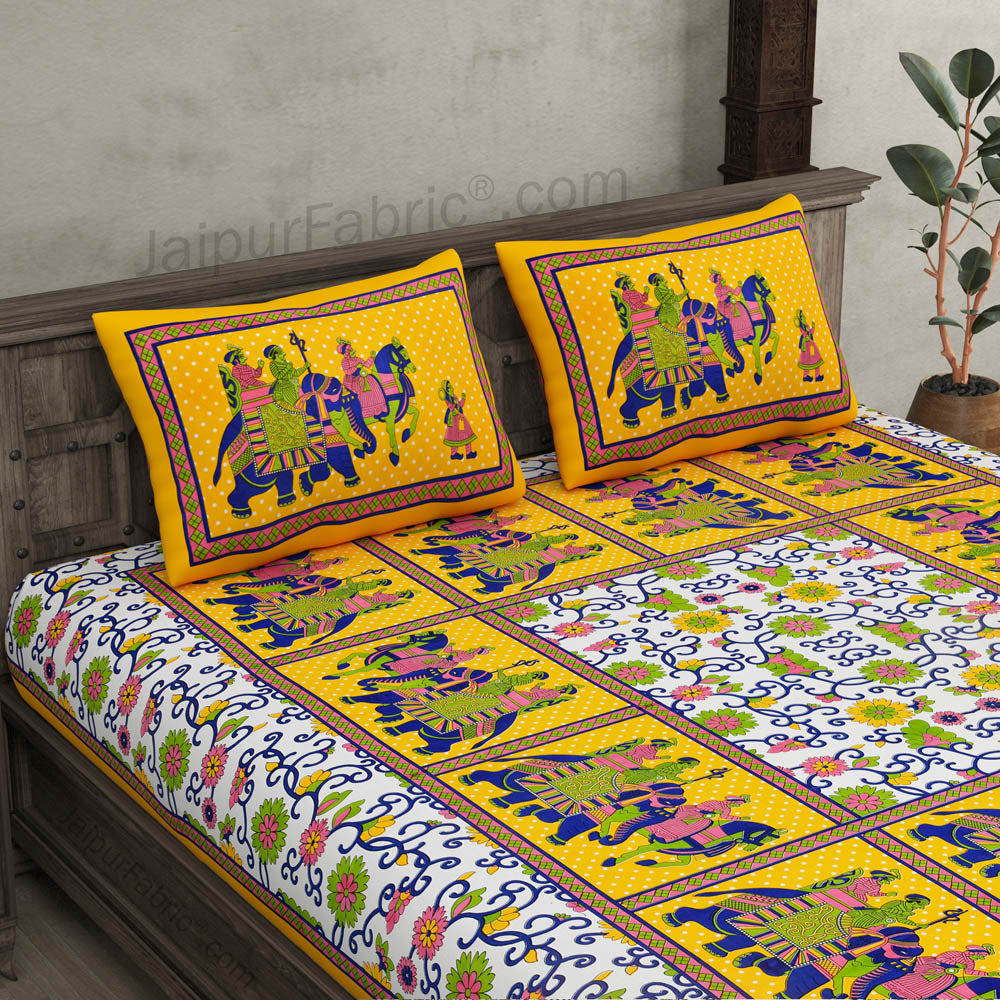 Yellow Border Big Elephant Printed Cotton Double Bed Sheet