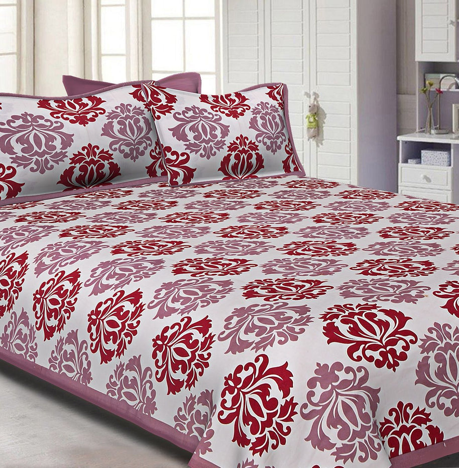 White Base Maroon Designer Cotton Double Bed Sheet