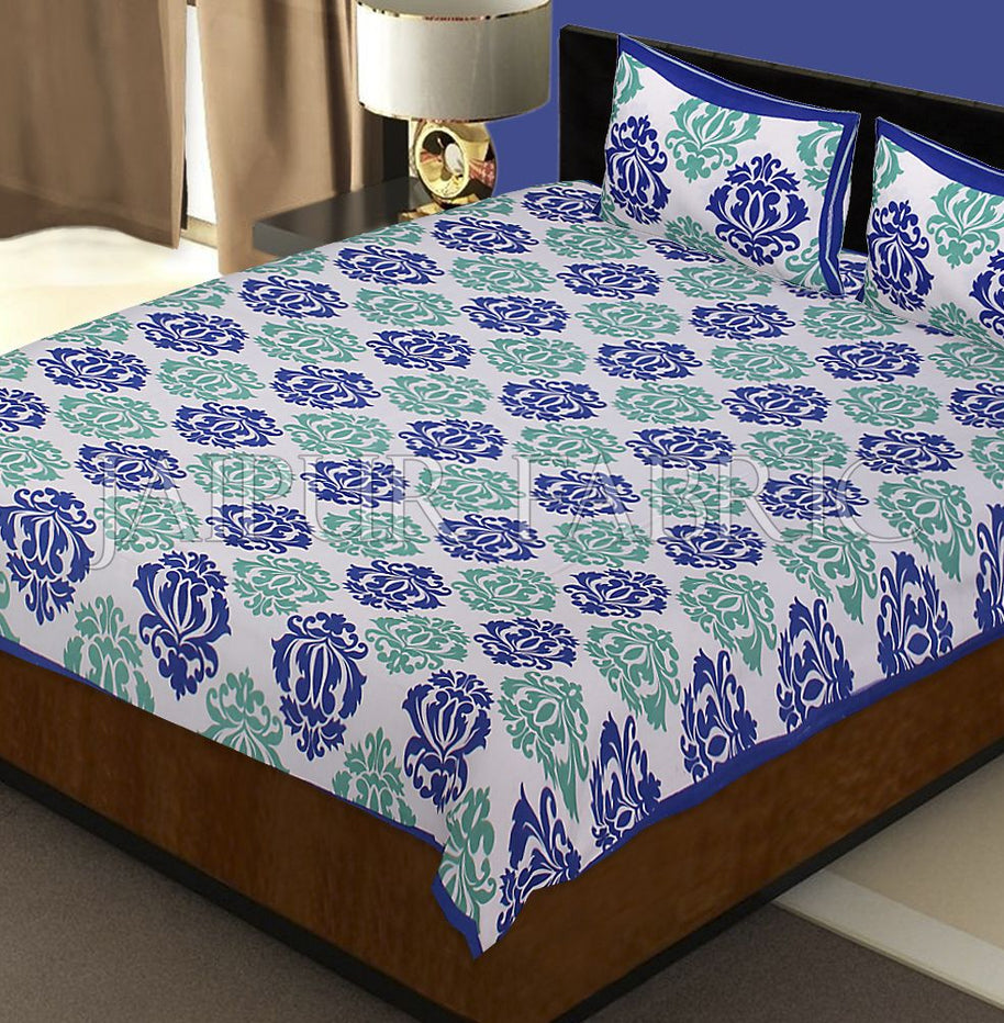 White Base Blue Designer Cotton Double Bed Sheet