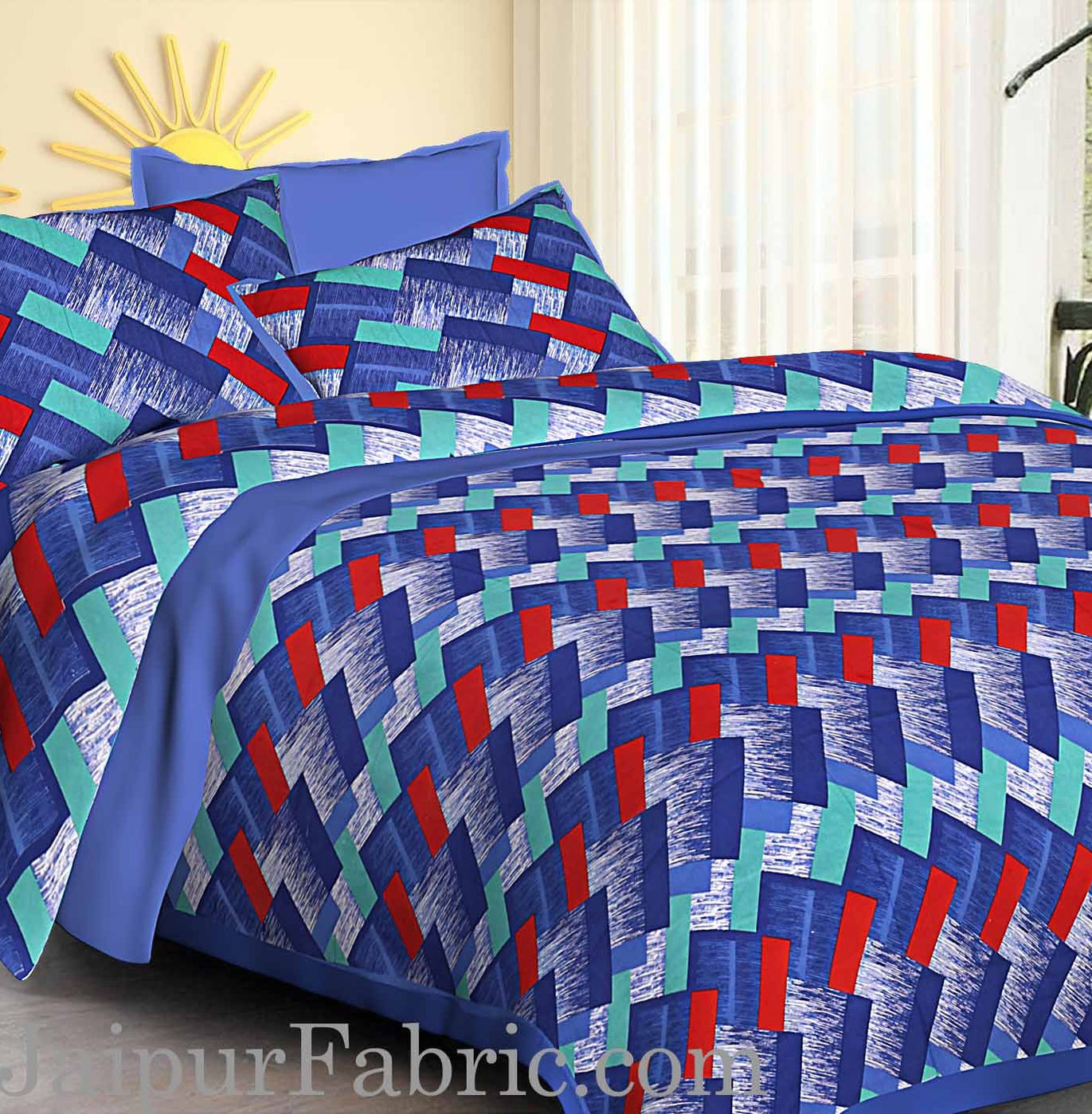 Blue  Border Zig-Zag Pattern Cotton Satin Double Bed Sheet