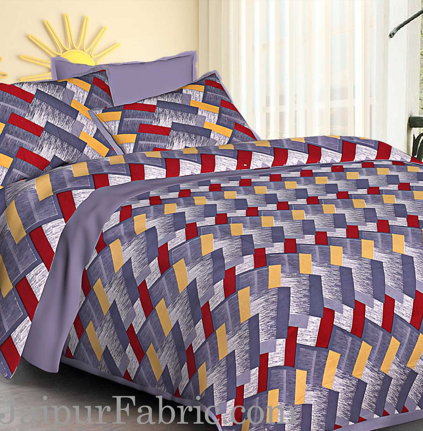 Gray  Border Zig-Zag Pattern Cotton Satin Double Bed Sheet